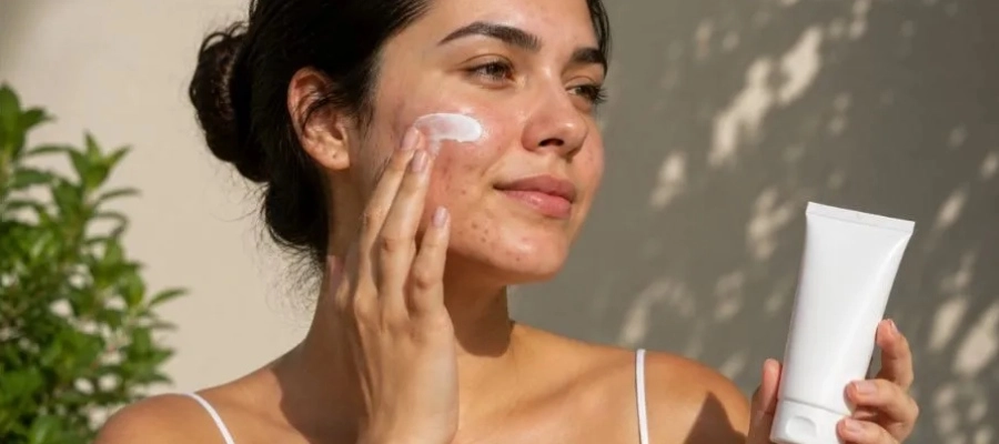 Mulher aplica protetor solar antiacne antes de se expor ao sol