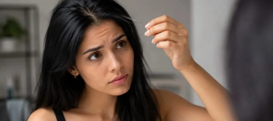 Mulher jovem observa primeiros fios grisalhos e reflete sobre o que causa cabelo branco