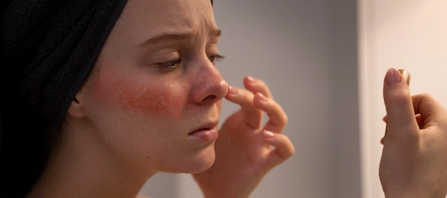 Mulher com vermelhidão no rosto aplica produtos para pele sensível