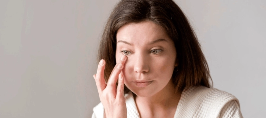 Mulher aplica creme abaixo dos olhos, ilustrando o que é bom para as olheiras