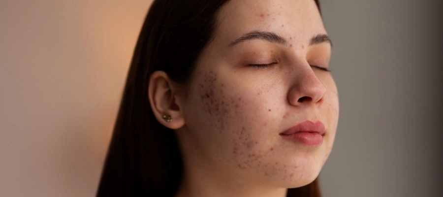 Mulher com olhos fechados apresenta dermatoses no rosto, como acne nas bochechas