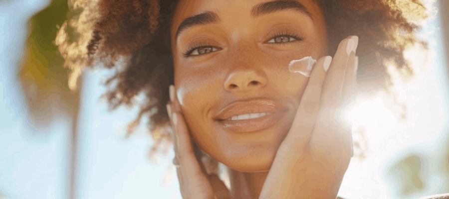 Mulher sorri ao aplicar protetor solar no rosto em dia ensolarado, com fundo de palmeiras.